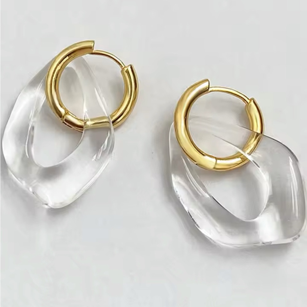 NEW Organic Liquid Lucite Wavy Ripple Drop Earrings Clear Gold OC10